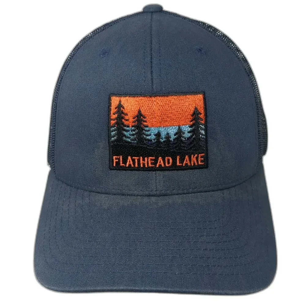 Yupoong Trucker Hat Blue One Size Flathead Lake Montana Sunset Mesh Snapback